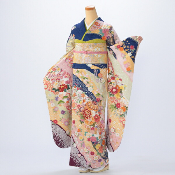 京都きもの友禅 振袖 中古 フルセット 成人式 Lサイズ 古典 青
