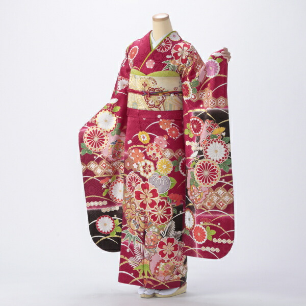 正絹振袖13 ⭐︎2/28までの出品 京都きもの友禅 振袖 中古 フルセット 成人式 Lサイズ 古典 赤・ワイン