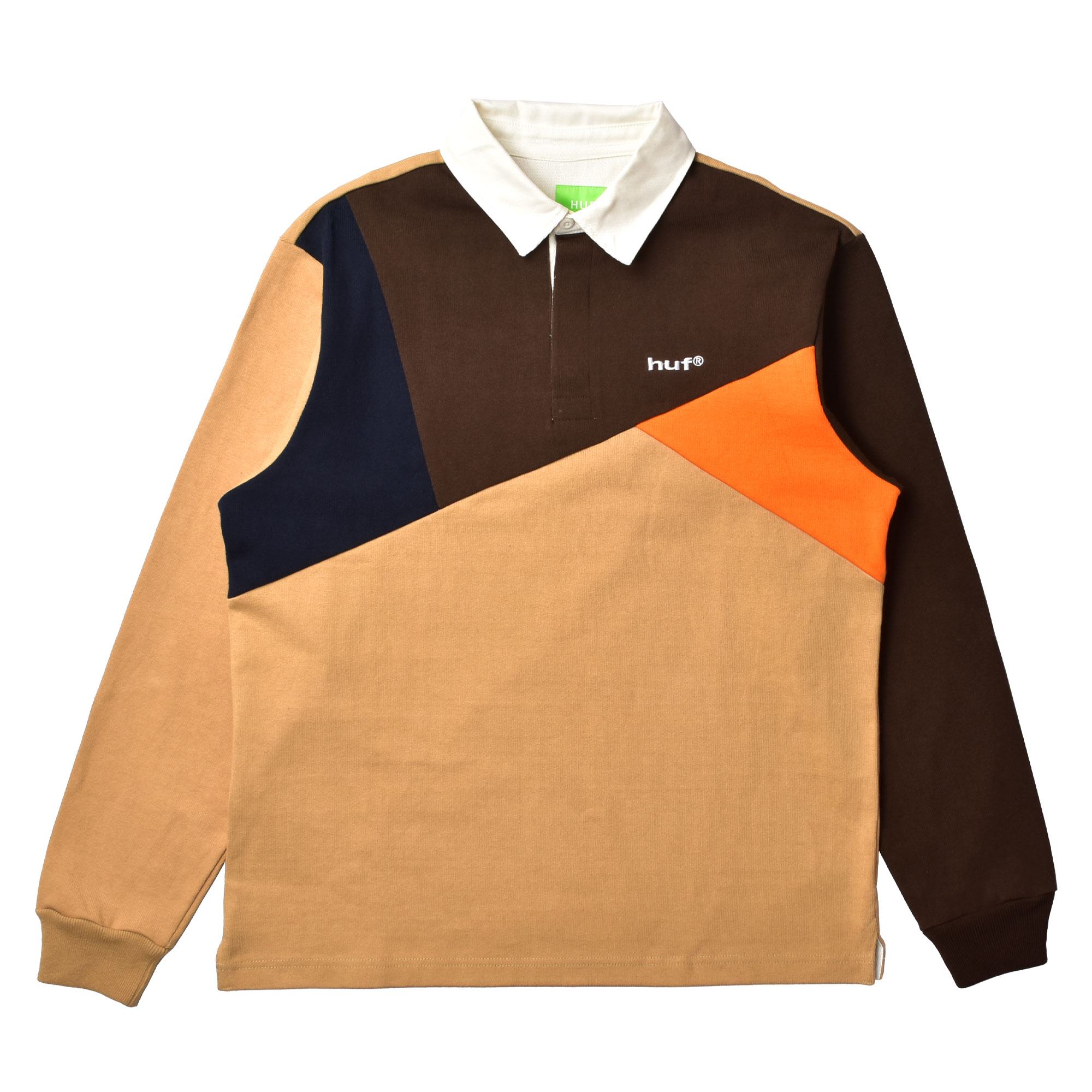 送料無料 ハフ ポロシャツ 長袖 メンズ MIXED UP LS KNIT POLO HUF KN00394 ネイビー 紺 ロングスリーブ 茶