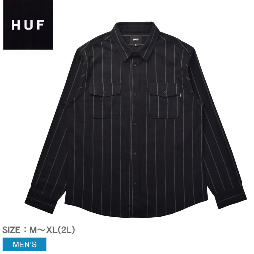 送料無料 ハフ 長袖シャツ メンズ ISSUE STRIPE FLANNEL L／S HUF BU00118 黒 長袖 シャツ ストライプ ネルシャツ  衿付き