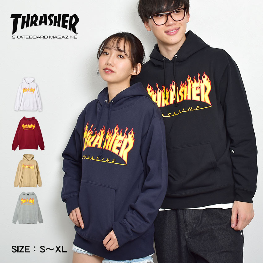 送料無料 スラッシャー パーカー メンズ FLAME フーディー スウェットパーカー THRASHER TH95130PL 白 黒 カーキ ロゴ