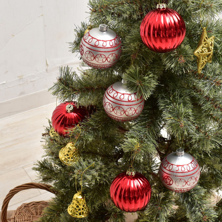 クリスマスツリー オーナメント 柄付きボール 8cm 6個セット バロック レッド 赤 銀 イルミネーション 飾り ゴールド2022