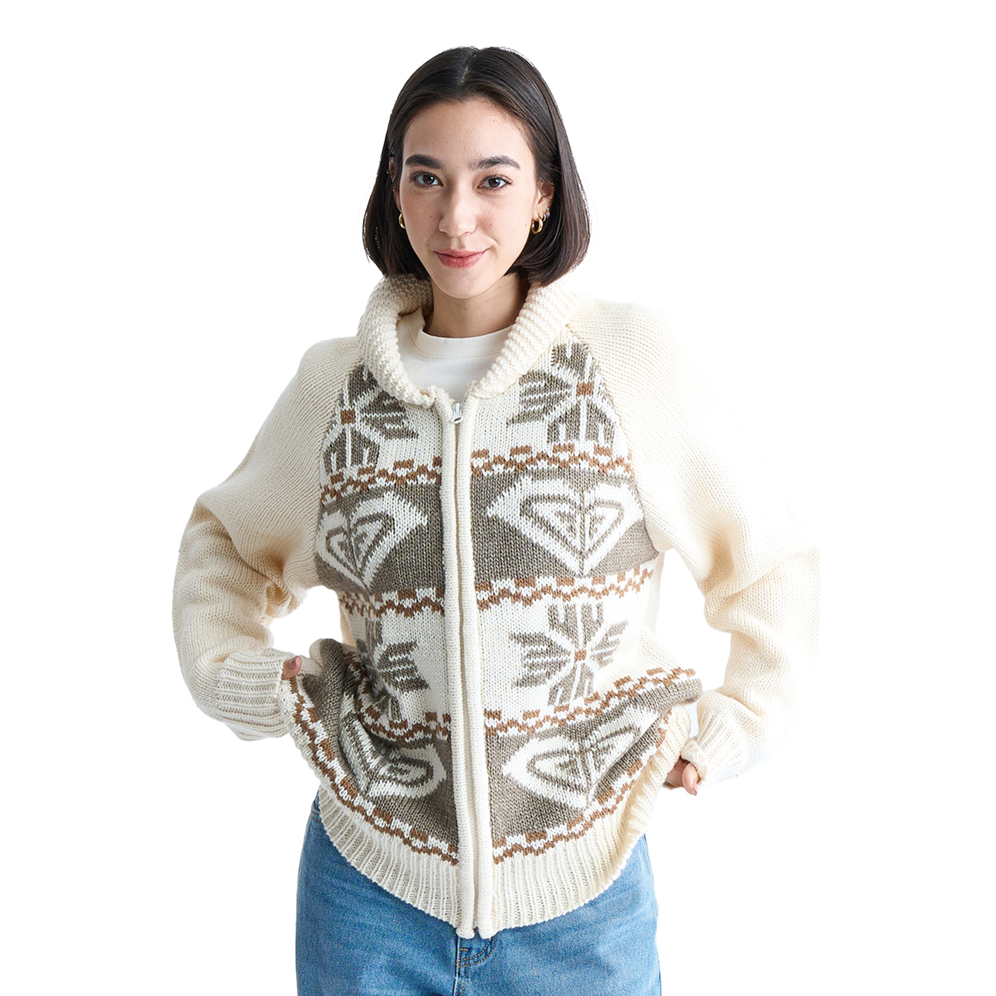 ロキシー カウチンニット レディース ROXY RJK244021 ホワイト 白 グレー ウエア ニット カーディガン ジップカーデ 長袖 アウター トップス 羽織 セーター 柄 ROXY ロキシー カウチンニット レディース RJK244021 ホワイト