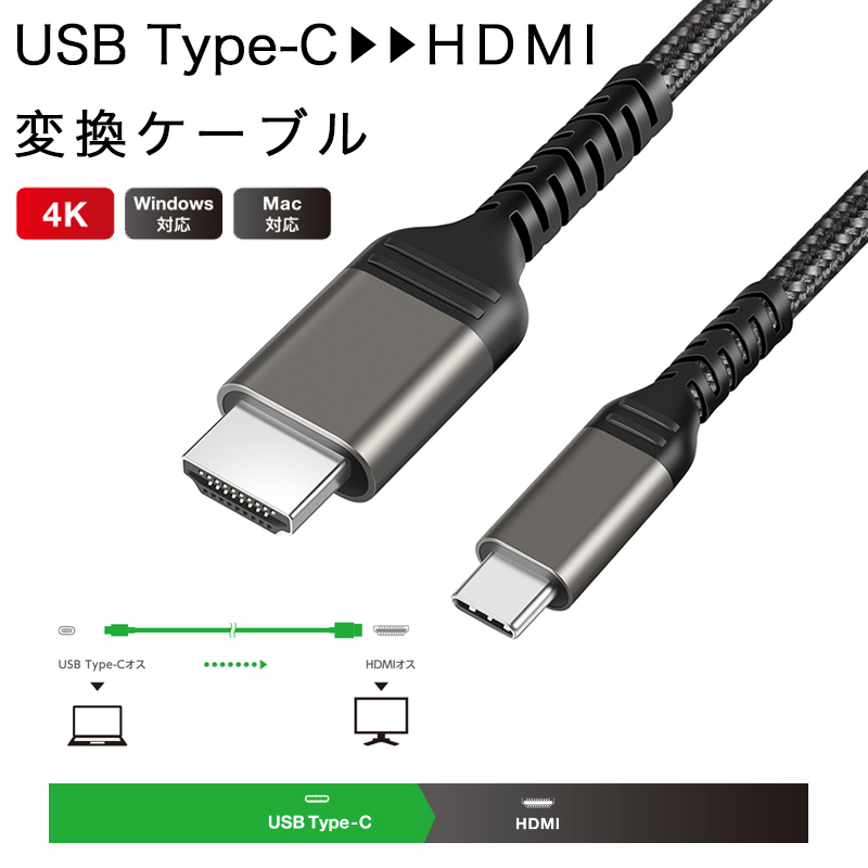 TypeC - HDMI 変換ケーブル HDMI 変換アダプタ オス-オス 1m 2m 4K/30Hz パソコン タブレット PC スマホ Nintendo Switch テレビ モニター プロジェクター