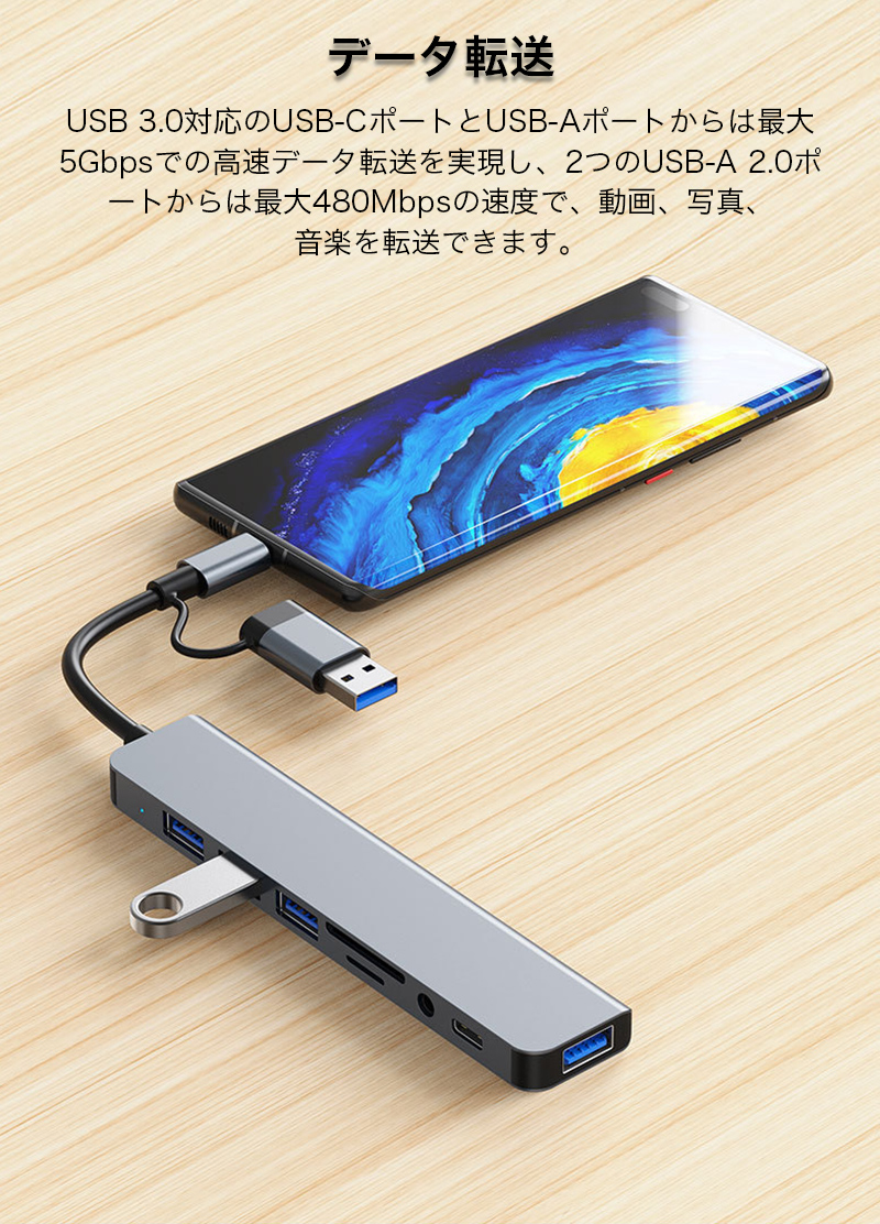 USB 3.0ハブ TYPE-Cハブ ドッキングステーション スマホ タブレット パソコン Macbook ドック SDカード TFカード スロット 3.5mmミニプラグ アルミ オフィス |  | 03