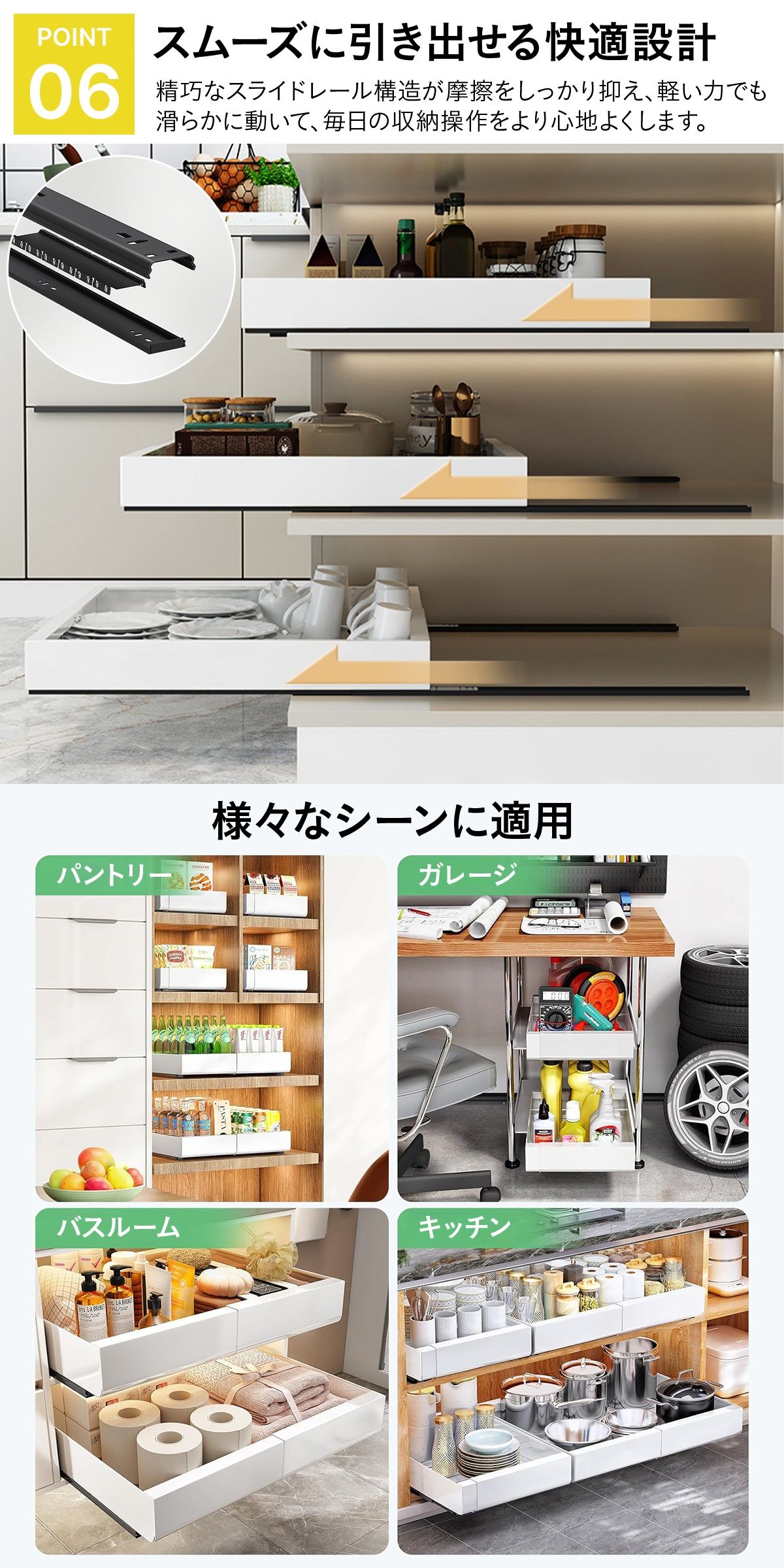 伸縮スライドボックス 伸縮スライド収納トレー シンク下 棚下 収納ラック 引き出し レール 後付け 取り付け簡単 省スペース キッチン 整理 伸縮スライドボック...