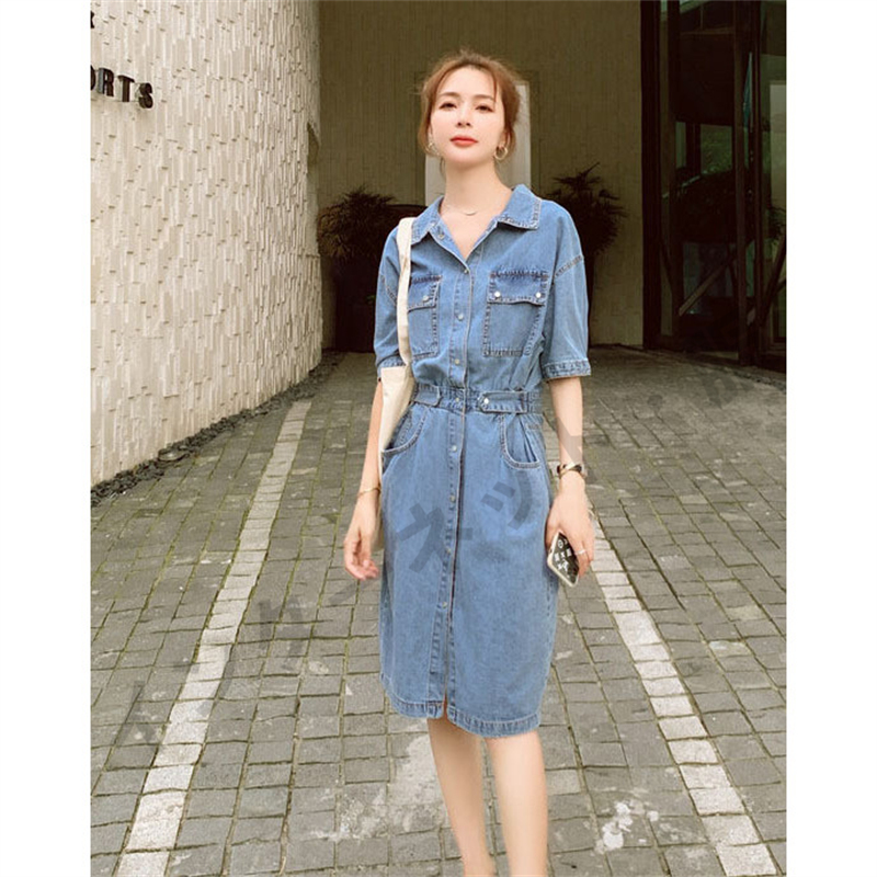 送料無料 ワンピース デニム シャツ 夏 半袖 五分袖 膝丈 お出かけ