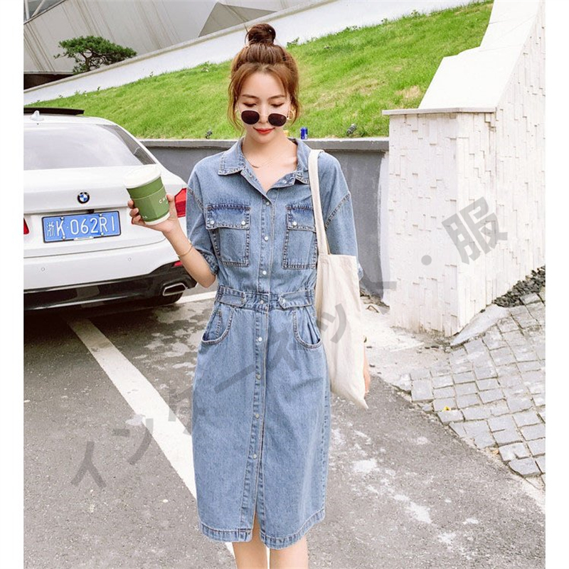 送料無料 ワンピース デニム シャツ 夏 半袖 五分袖 膝丈 お出かけ