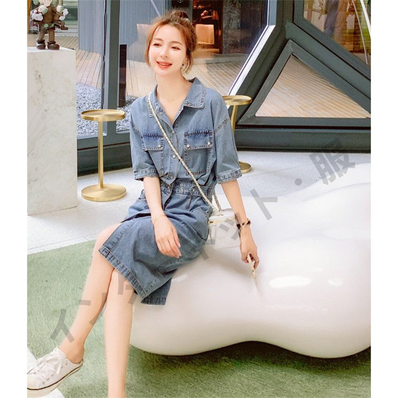 送料無料 ワンピース デニム シャツ 夏 半袖 五分袖 膝丈 お出かけ