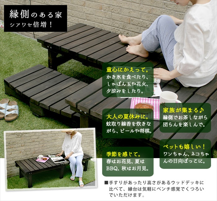 値下げ デッキ縁台180×58 3点セット ウッドデッキ風 簡単 縁側 本格的 DIY 木製 天然木 庭 ベランダ ダークブラウン M5-MGKSMI00029DBRの画像
