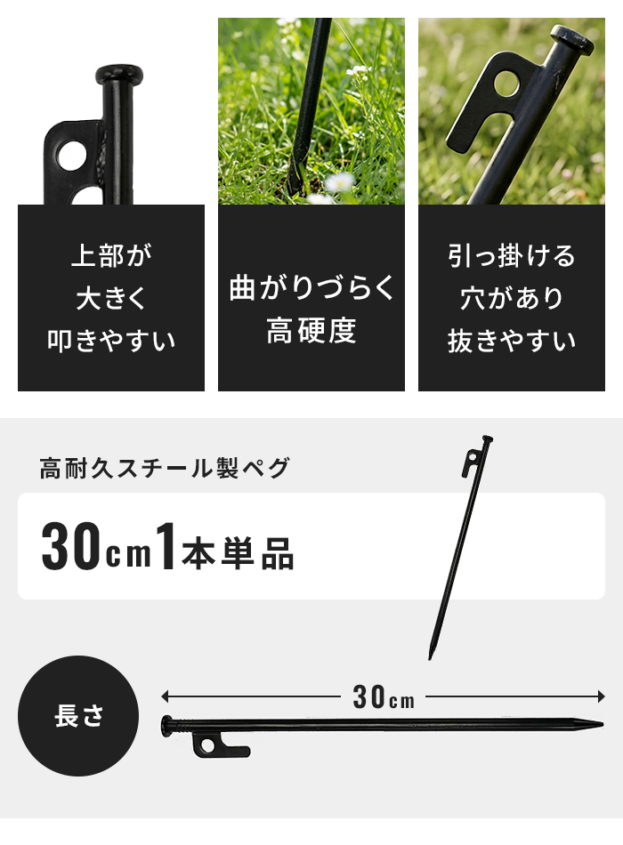 スチールペグ 30cm 単品 1本 ブラック ...の詳細画像3
