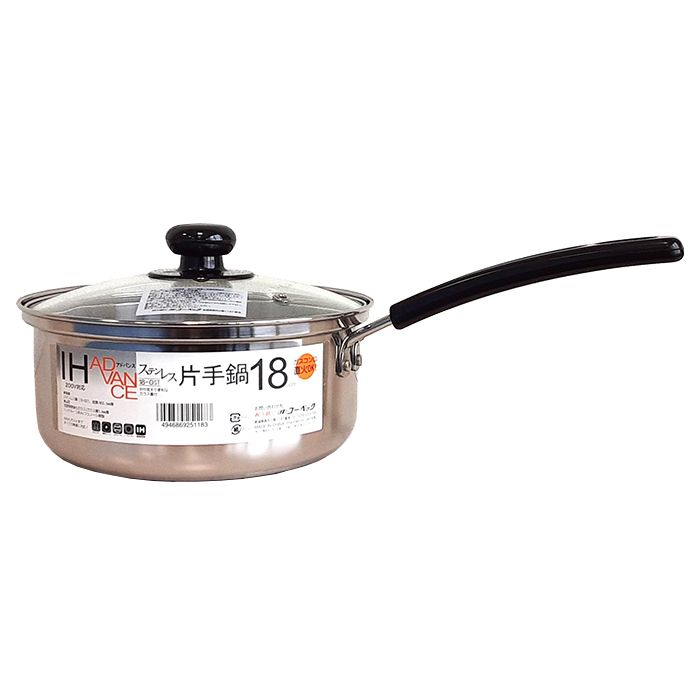 ステンレススチール 片手鍋 蓋付き 片手鍋 18cm IH対応 ステンレス シルバー ガラス蓋付 鍋 片手 ih ガス