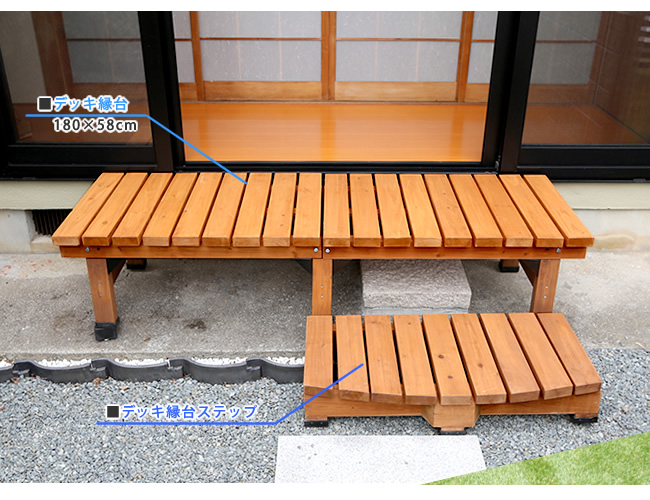 デッキ縁台 180×58 ステップセット ウッドデッキ風 簡単 縁側 本格的 DIY 木製 天然木 庭 ベランダ マンション おしゃれ 小型 北欧 ガーデン 屋外 家具の画像