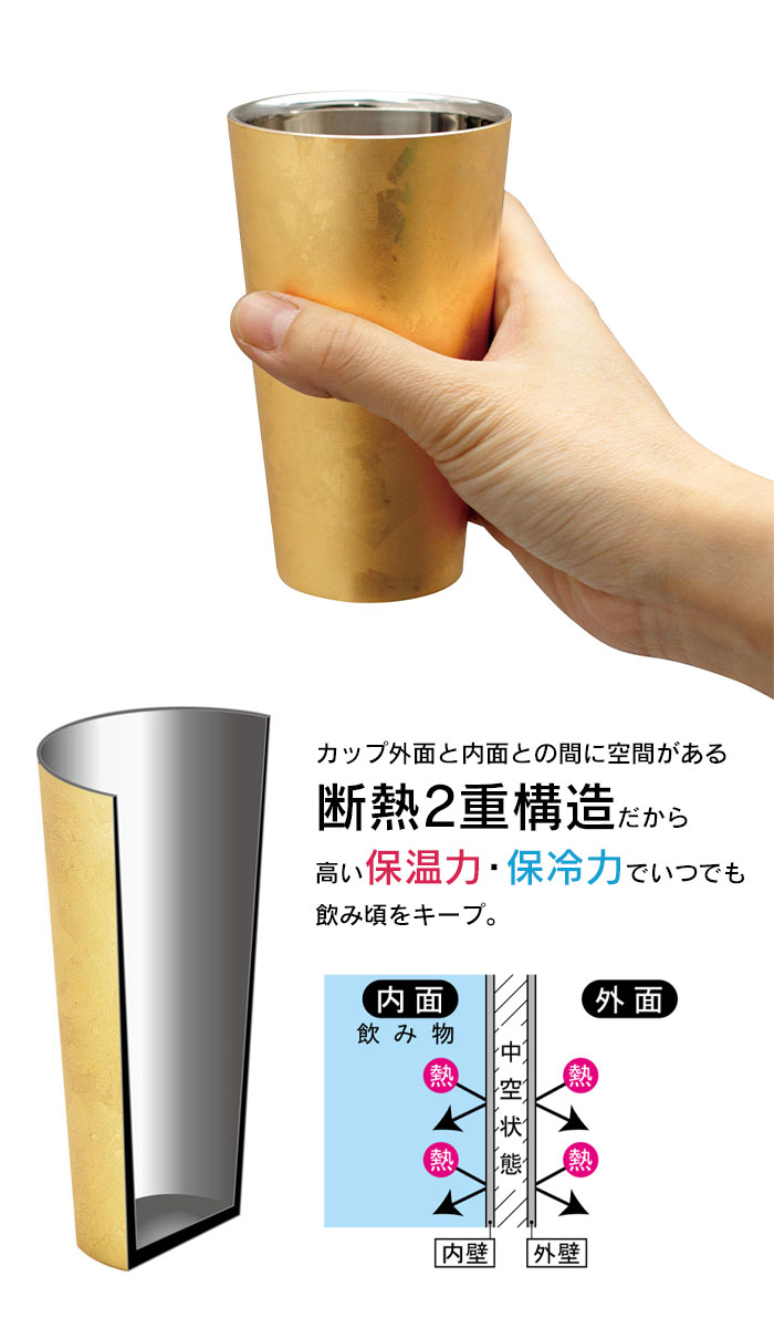 タンブラー 二重構造 ステンレス カップ 250ml 金沢箔 直径7 高さ12 保温 保冷 軽量 日本製 桐箱入 越前和紙コースター付き