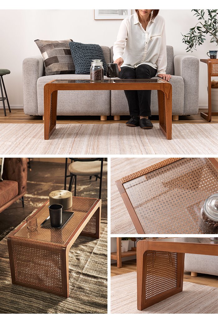 ラタン　ローテーブル　センターテーブル センターテーブル ローテーブル ラタン 幅90 奥行45 ガラステーブル