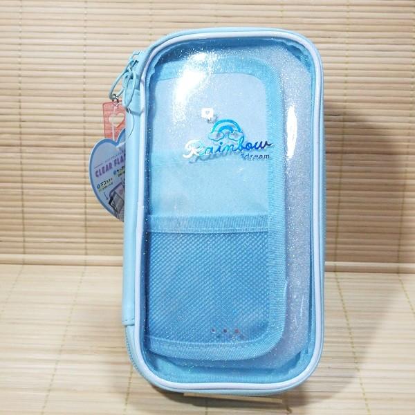 収納部分多め クリアフラット マルチ ペンケース（RAINBOW DREAM/水色