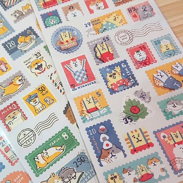 切手っぽいステッカー 癒しキャラ 4枚セット 81749s/ごろごろにゃん