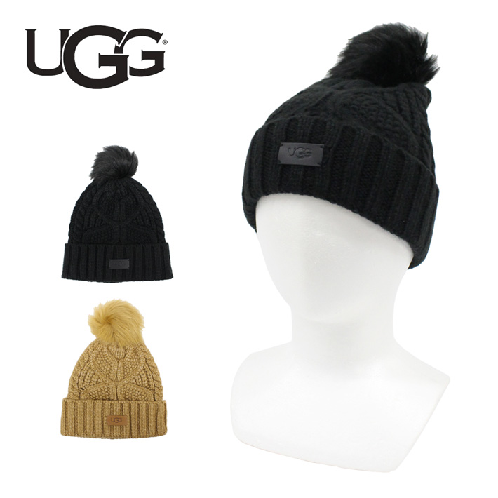 UGG ブラック ニット帽 ポンポン付き ケーブル ビーニー UGG（アグ） 並行輸入品 W Cable Beanie With Pom ケーブル ビーニー