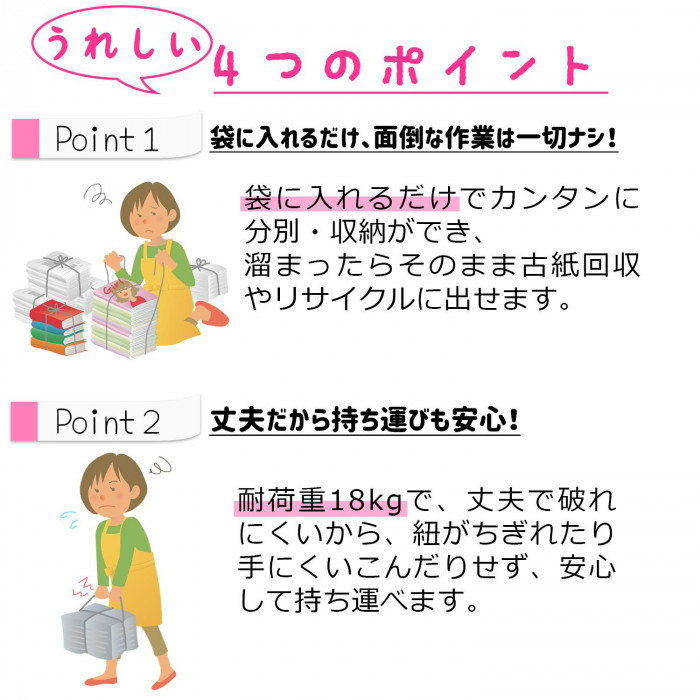 紐でしばる必要がなく、丈夫で持ち運びも安心