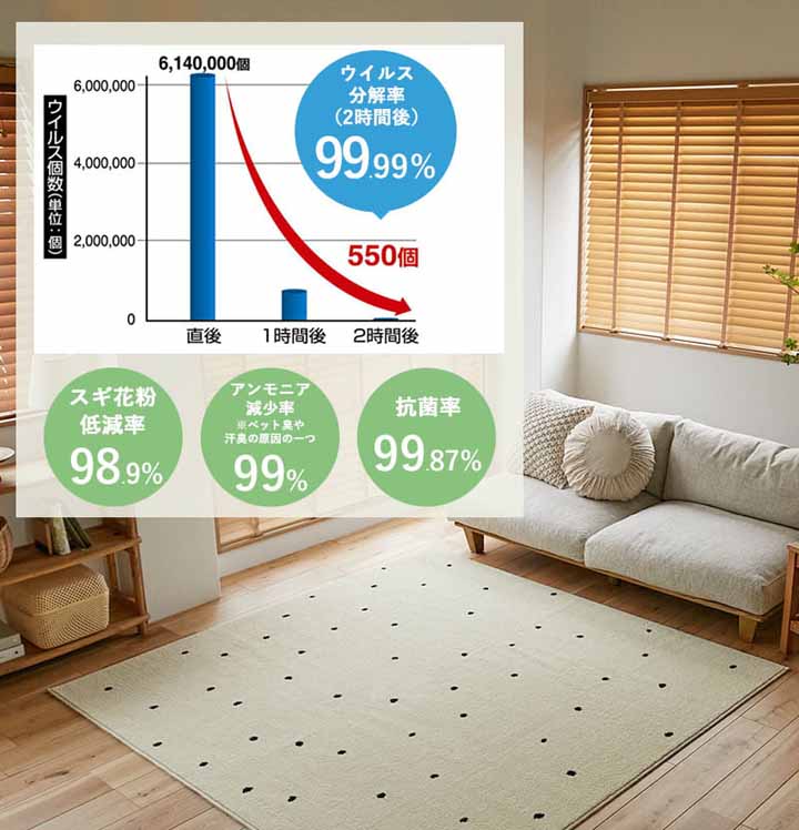洗えるラグ 防ダニ・抗菌・消臭・ウィルス 花粉対策 国産高機能ラグ