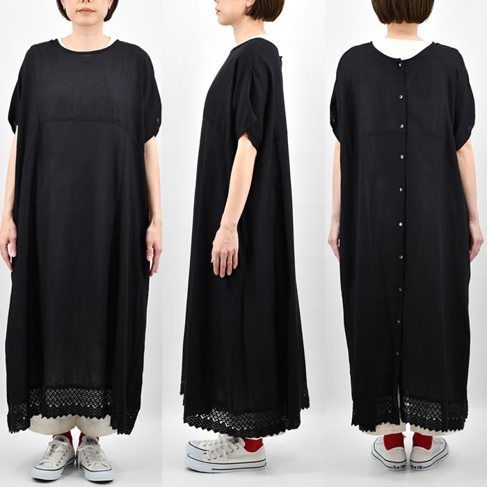 KI.GOKOCHI 裾レース2way半袖ワンピース 綿麻レーヨン レディース