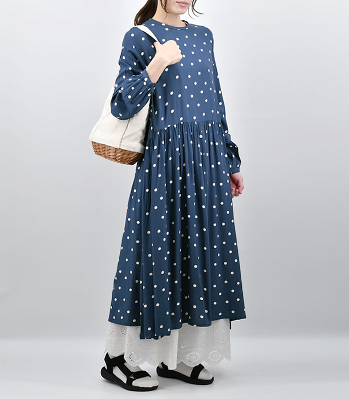 美品♡イチICHIロングシャツワンピース水玉リネン100ギャザー