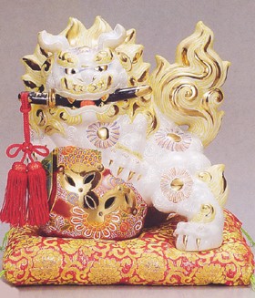 九谷焼置物剣獅子 白盛（九谷焼 狛狗（狛犬）守神 置物 10号 白