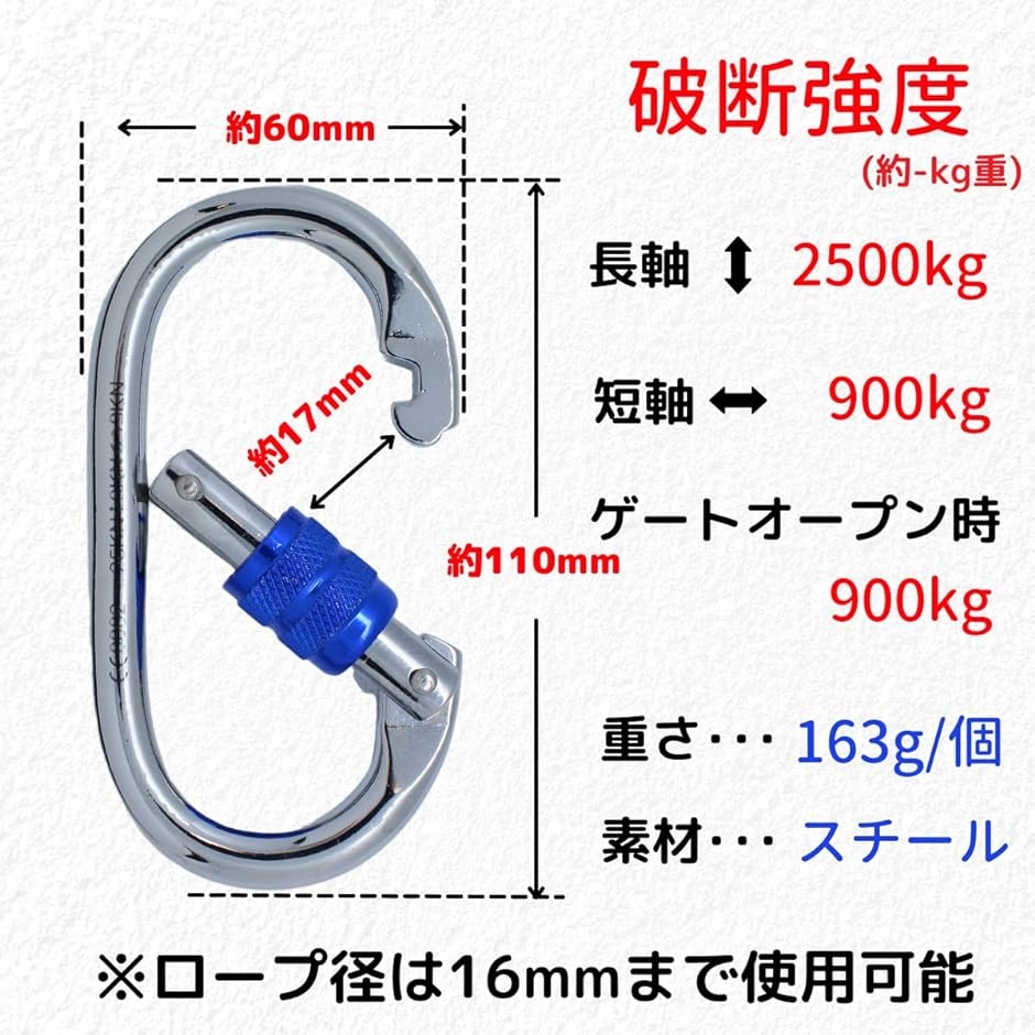 カラビナ専門店 神戸輝き CE認証 破断強度 約2500kg重 25kN 国内テスト済 オーバル型 スチール製 重さ163g/個 青色｜zebrand-shop｜05