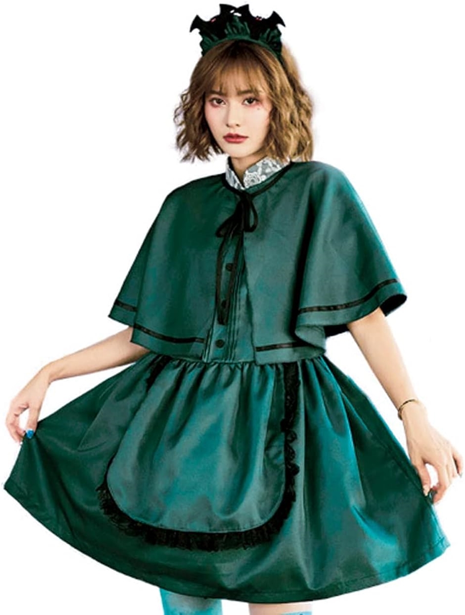 メイド服 コスプレ クラシック 西洋風 洋館メイド グリーン 衣装セット かわいい( 衣装セット(ショート),  Free Size) | ブランド登録なし