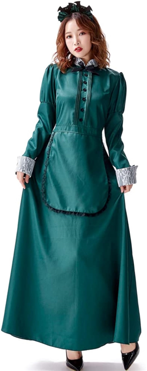 メイド服 コスプレ クラシック 西洋風 洋館メイド グリーン 衣装セット かわいい( 衣装セット(ロング),  Free Size)