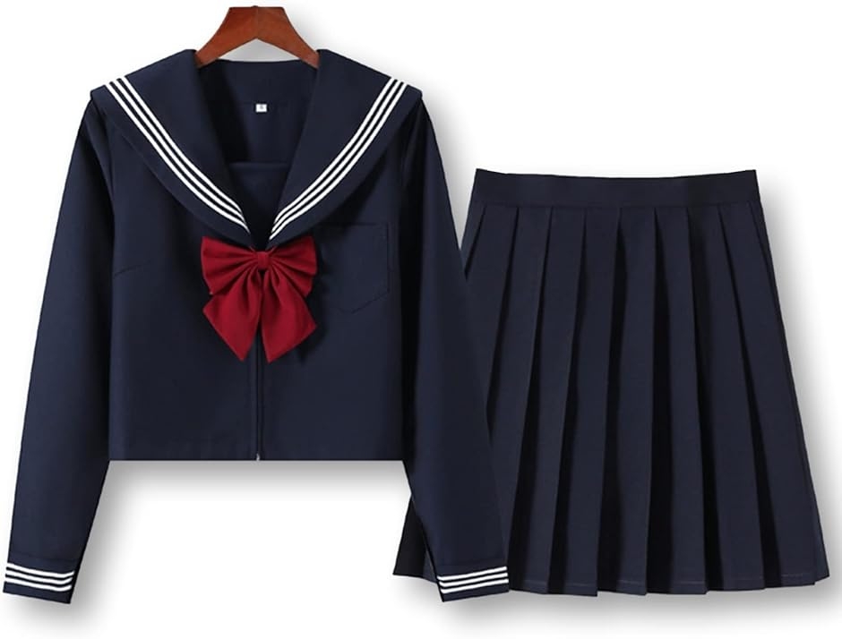 セーラー服 コスプレ 女子高生 制服 長袖 プリーツスカート 無地 リボン 3点セット (ネイビー, 長袖 XL)