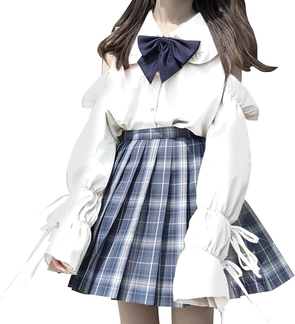 女子高生 コスプレ 長袖 レディース ブラウス 肩出し トップス 大きいサイズ 学生服 制服( ホワイト,  M)