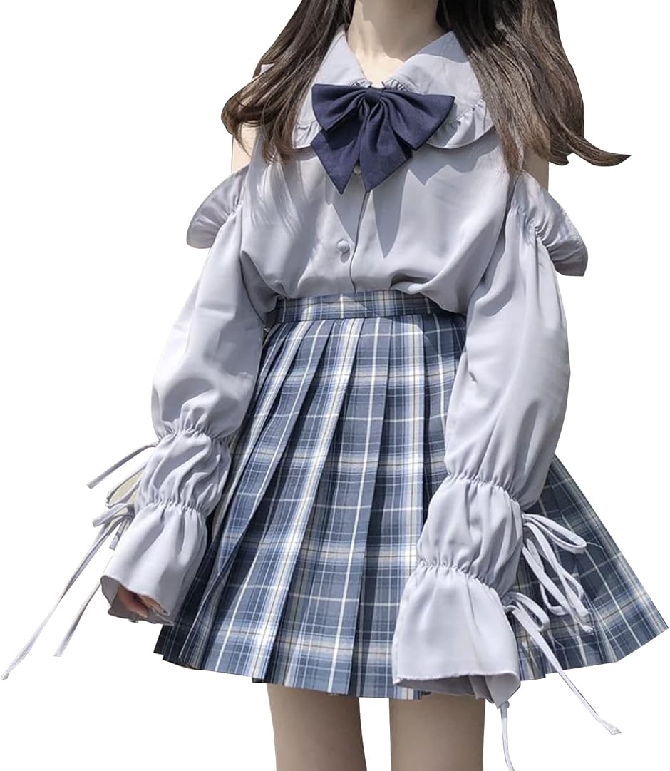 スカート チェック柄 長袖 レディース ブラウス 肩出し( グレー,  L)