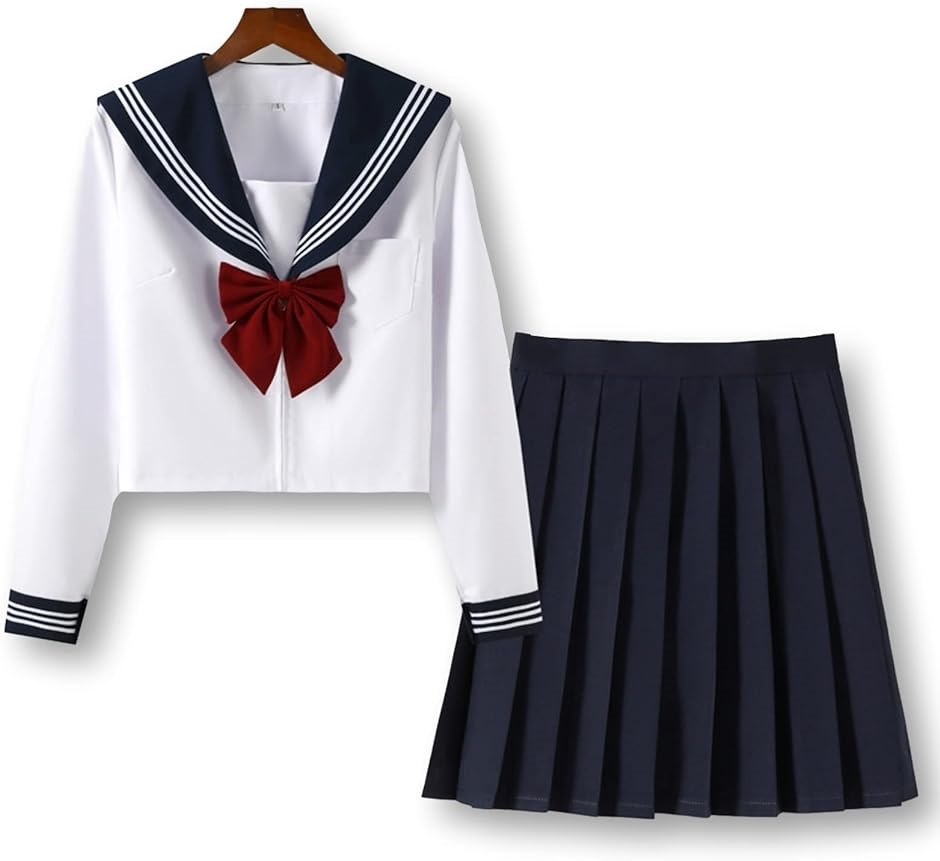 セーラー服 コスプレ 女子高生 制服 長袖 プリーツスカート 無地 リボン 3点セット ホワイト 2XL( ホワイト,  長袖 2XL)
