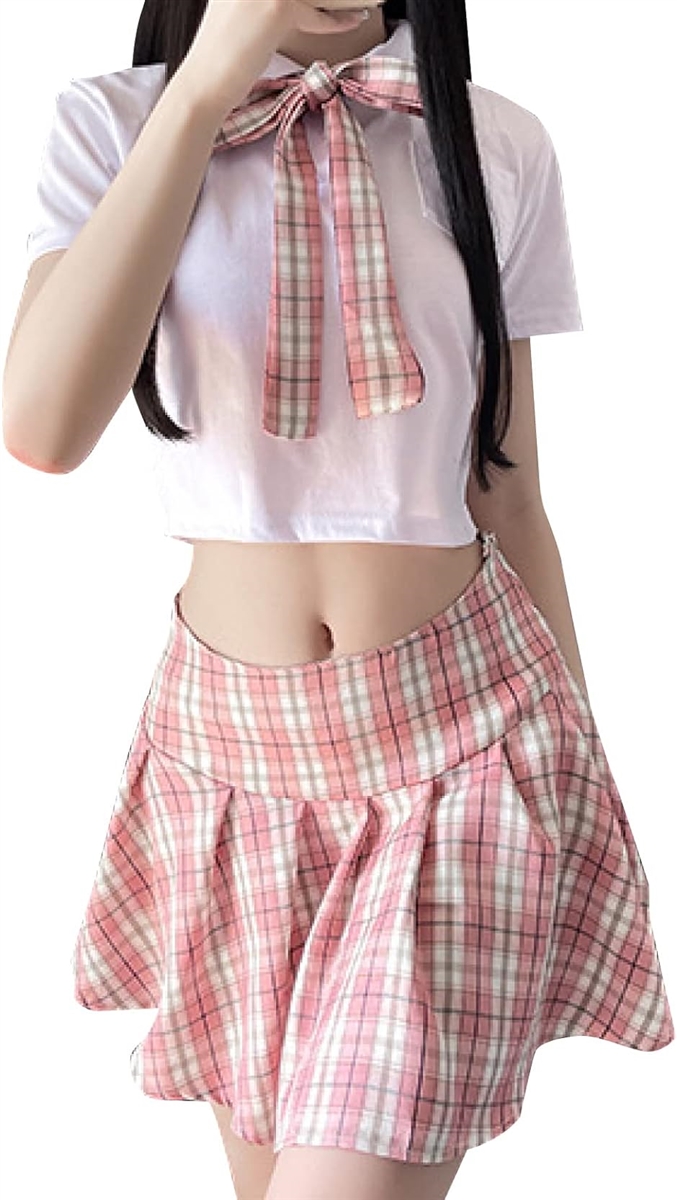 女子高生 制服 3点セット 半袖 チェック プリーツスカート リボン コスプレ ミニスカート( ピンク,  Free Size)
