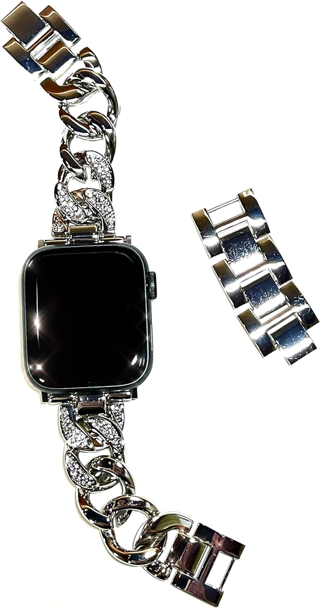 Apple Watch アップルウォッチ チェーン ベルト バンド CZ付き( シルバー,  42/44/45mm)｜zebrand-shop｜02