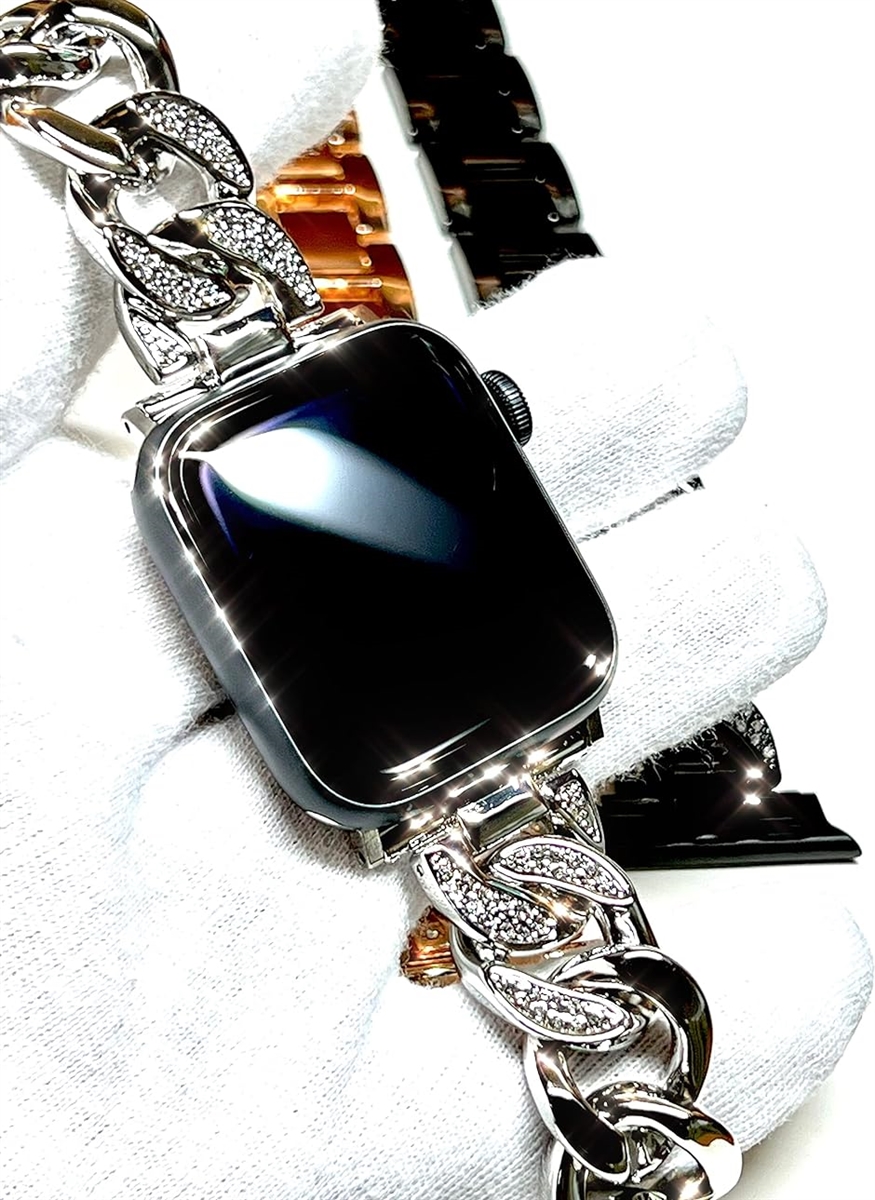Apple Watch アップルウォッチ チェーン ベルト バンド CZ付き( シルバー,  42/44/45mm)｜zebrand-shop｜04
