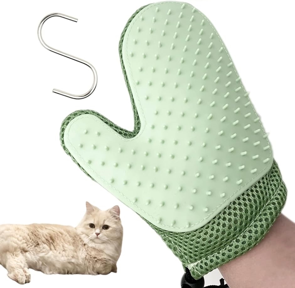 2WAY グローブ 猫 ブラシ 犬 毛取り ブラッシング ＆ 掃除 グルーミング 手袋 猫ブラシ 緑( グリーン S字フック付き)｜zebrand-shop