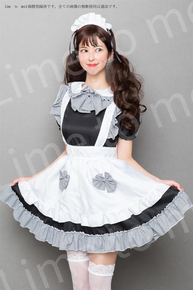 メイド服 ギンガムチェック コスチューム Aライン エプロン ワンピース リボン 4点セット( ブラック,  L)｜zebrand-shop｜04