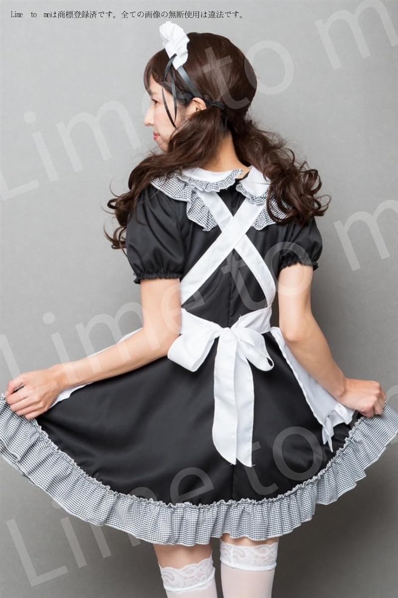 メイド服 ギンガムチェック コスチューム Aライン エプロン ワンピース リボン 4点セット( ブラック,  L)｜zebrand-shop｜05