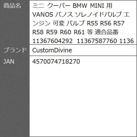 ミニ クーパー BMW MINI 用 VANOS バノス ソレノイドバルブ エンジン 可変 R55 R56 R57 R58 R59 R60 :  2b2nxov2pn : ゼブランドショップ - 通販 - Yahoo!ショッピング