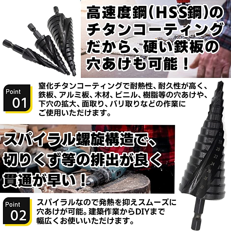 ステップドリル タケノコドリル 六角軸 スパイラル 穴あけ 3本セット( Black,  4-32mm/4-20mm/4/12mm) | ブランド登録なし | 02