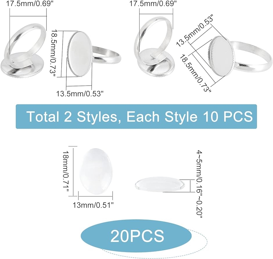 20個 2スタイル 指輪ベゼル ミール皿 リング 楕円形 台座 指輪作り( ステンレス色-2スタイル-20個,  トレイ18.5mm)｜zebrand-shop｜06