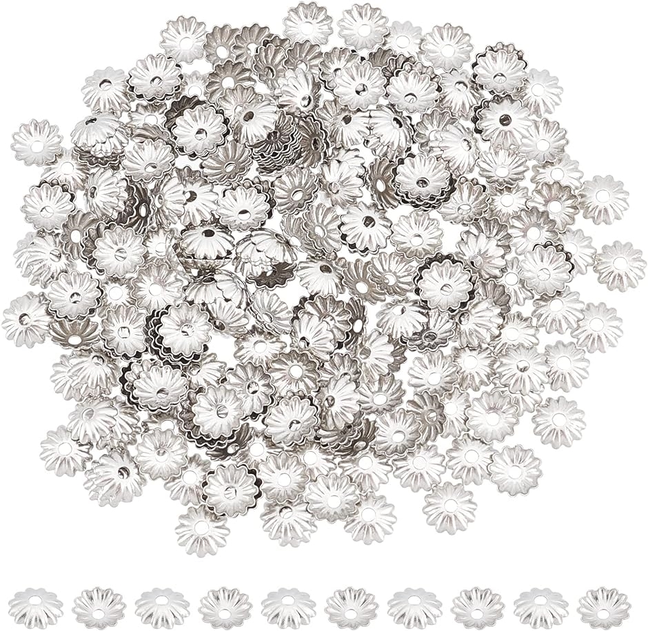 約300個 ビーズキャップ 座金 花座 304ステンレス キャップビーズ 花弁キャップ MDM( ステンレス色-300個, 6mm)
