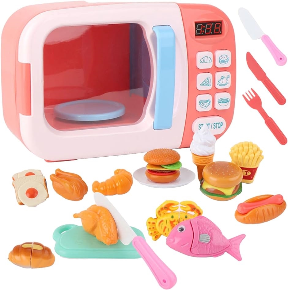 電子レンジ おもちゃ おままごと キッチン 子供 玩具 音 回る 子ども 31pcs MDM( ピンク)