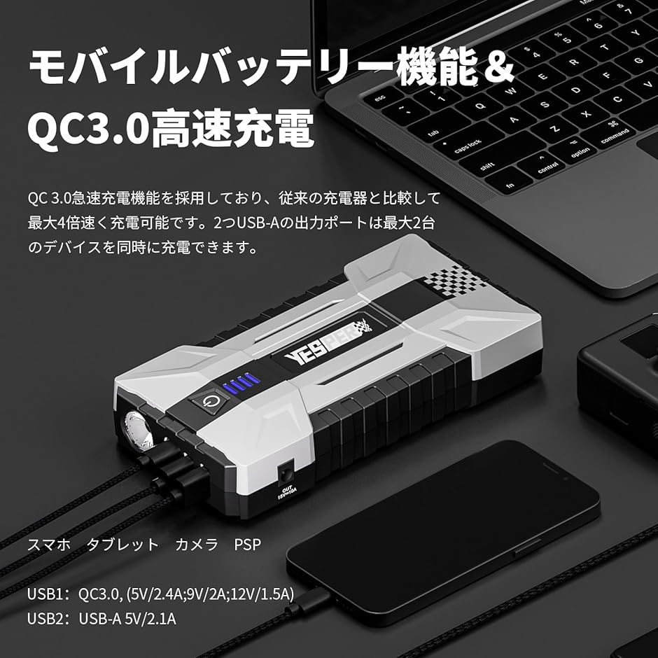 ジャンプスターター 20000mAh大容量 3000Aピーク電流 12V 車用ジャンプ