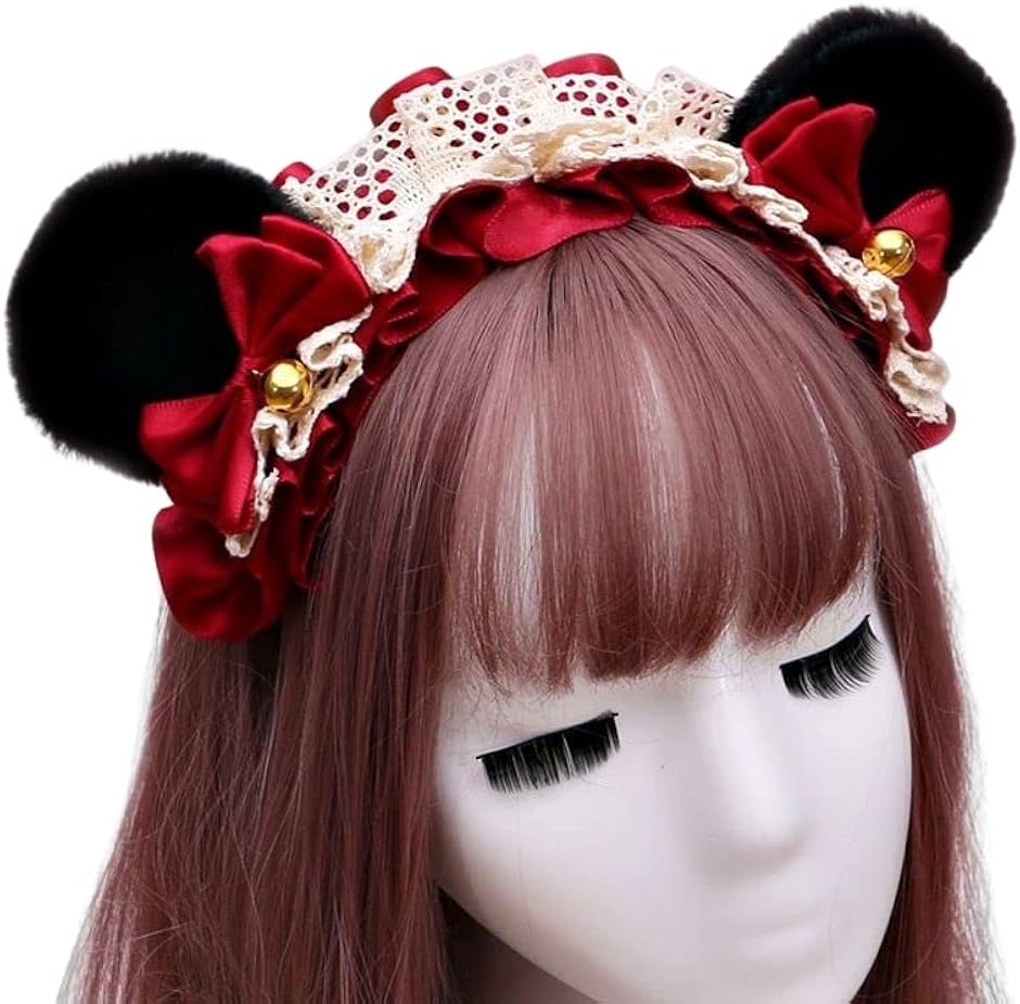 morytrade ヘアバンド くま耳 カチューシャ ヘッドドレス フリル コスプレ( 黒みみ＋赤,  Free Size)