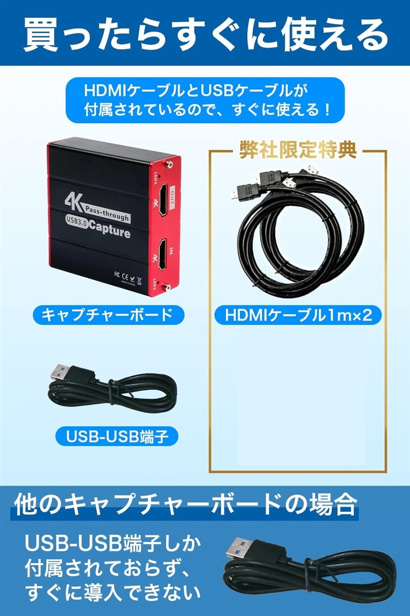 キャプチャーボード ゲームキャプチャー ビデオキャプチャー 軽量小型 HDMIケーブル付き HSV320