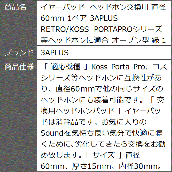 イヤーパッド ヘッドホン交換用 直径60mm 1ペア RETRO/KOSS PORTAPRO