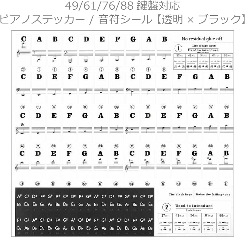 49 / 61 76 88 鍵盤対応 ピアノシール ピアノステッカー キーボード 音符シール 初心者 練習 音符ガイド( ブラック)｜zebrand-shop｜02